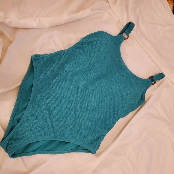 NWT Shade & Shore Turqoise Ribbed Highleg Onepiece Swimsuit. Size Large - Picture 1 of 10